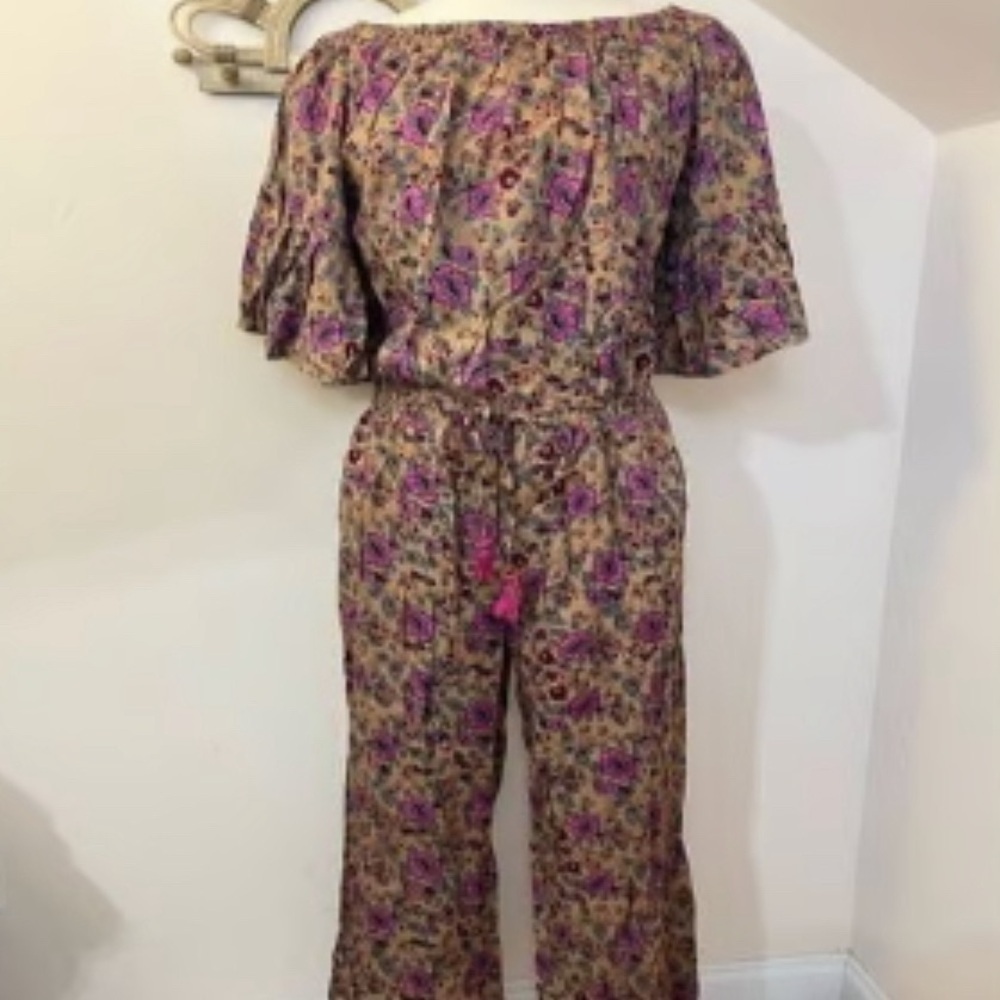 Boho style Raga Anthropologie Floral Off Shoulder Bell Sleeve Jumpsuit S NEW